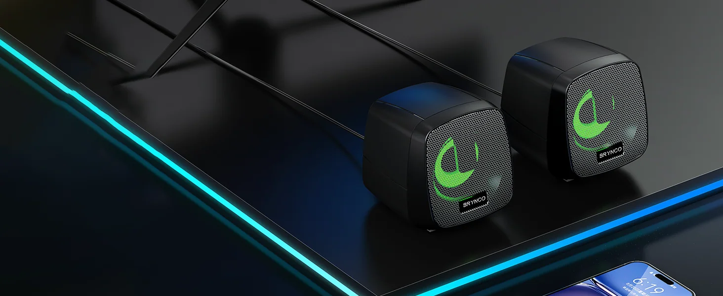 Brynco T109 speakers glowing on a dark desktop